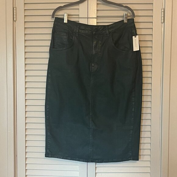 NWT Anthropologie Pilcro Coated Denim Pencil Skirt dark green 14 - Picture 2 of 11
